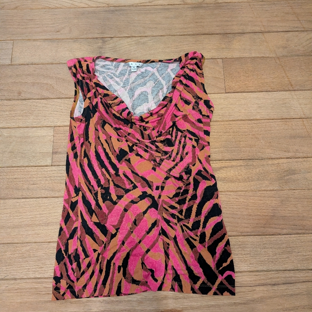 Women's CAbi Pink, Brown and Black Printed Sleeveless Tank Blouse Size Small